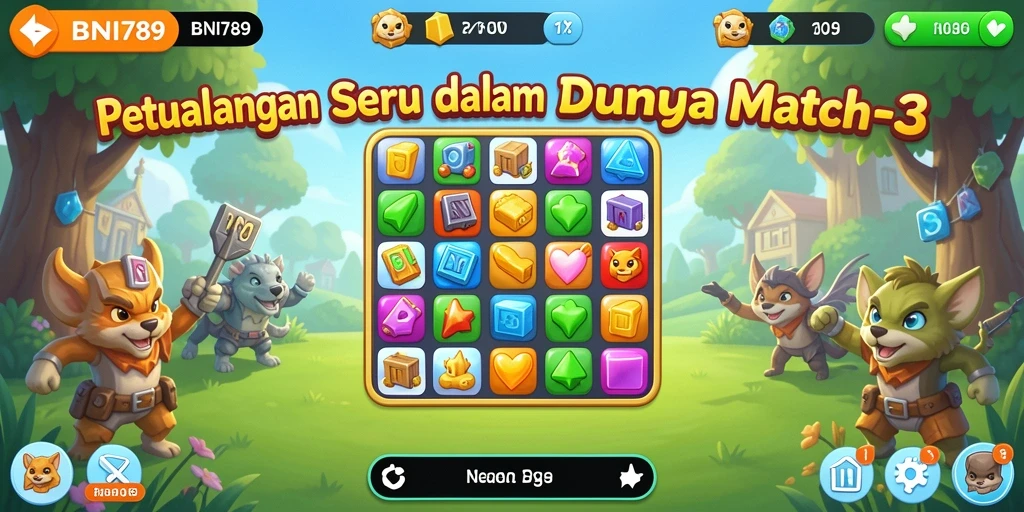 Tampilan gameplay menarik di BNI789 dengan objek Match-3 yang berwarna-warni.