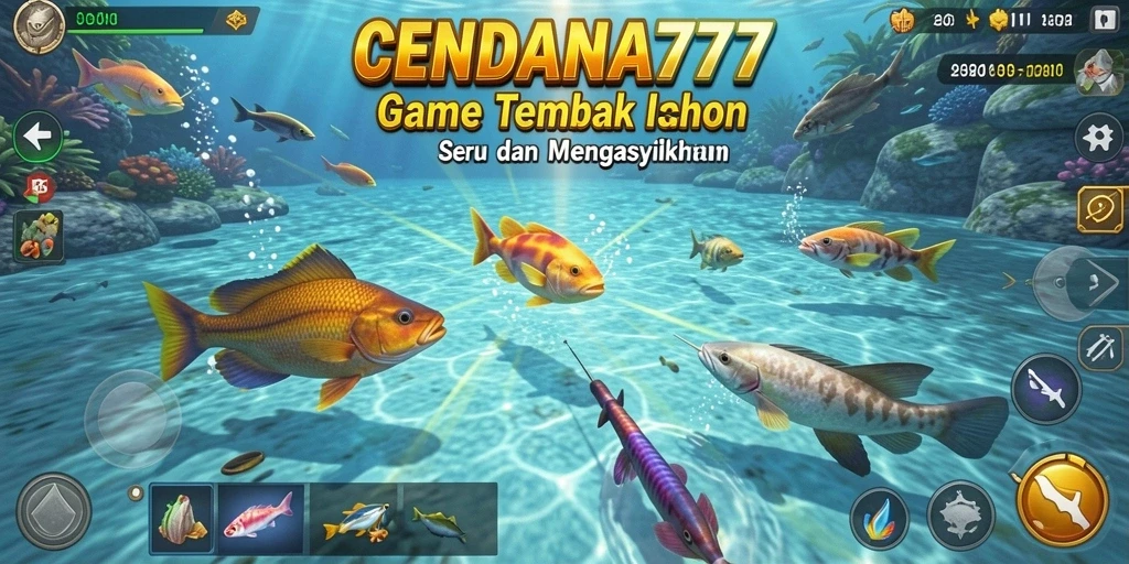 Tampilan gameplay CENDANA777 dengan berbagai ikan yang menunggu untuk ditembak.
