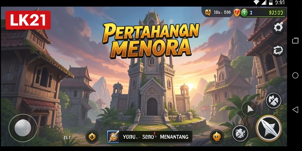 Tampilan gameplay LK21 dengan serangan menara yang menghadapi musuh.