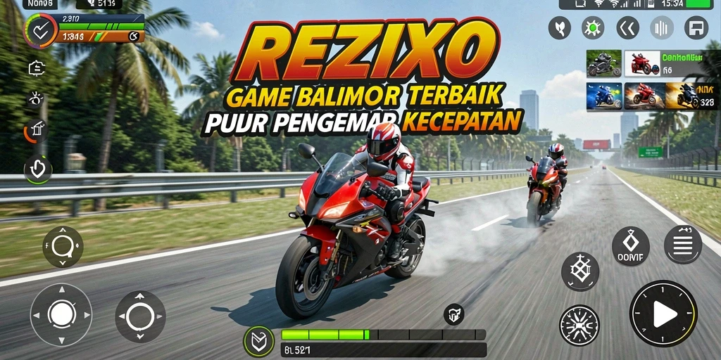 Screenshot gameplay REZIXO menampilkan balapan motor yang seru.